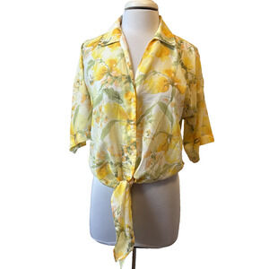 C By One Womens S Lemon Waist Tie Crop Lightweight Blouse Beach Boho Cottagecore